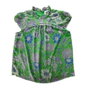 Joie Top Blouse Womens Large Green Floral Ruffles Lined Bloom Cottage Cap Sleeve